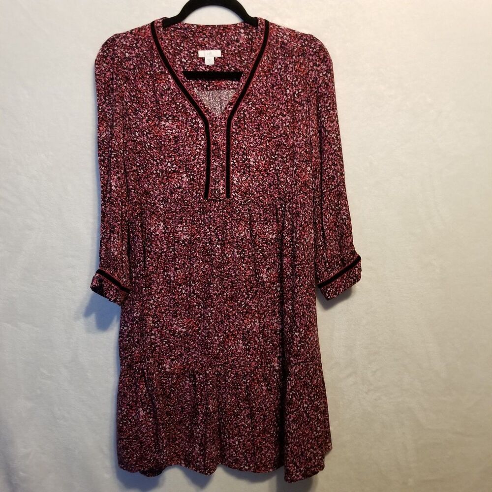 J. Jill XS Dress Mini Ditzy Floral 3/4 Sleeve Tiered Velvet Trim Purple Cottage